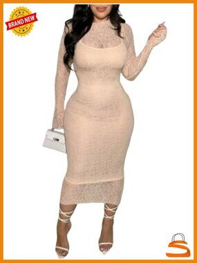 Women's Lace Bodycon Midi Dress Long Sleeve 2-Piece Set Wedding Guest